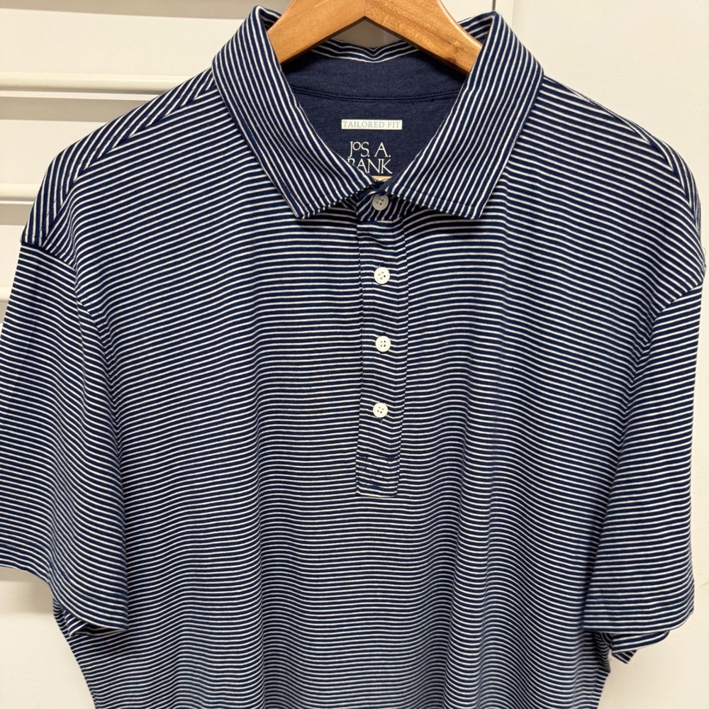 Jos A Bank Mens Tailored Fit Polo Shirt XL Navy Blue White Striped Cotton Blend